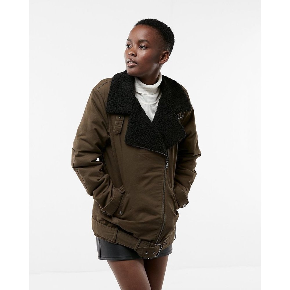EXPRESS $168 Twill Faux Fur Moto Jacket Army Green Black Fleece Coat XS XSmall